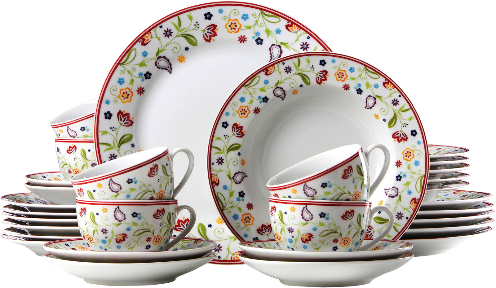 Buntes 30-teiliges Geschirrset 'Shanti' mit floralen Mustern, bestehend aus Tellern, Tassen und Untertassen, seitliche Perspektive.