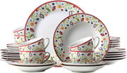 Buntes 30-teiliges Geschirrset 'Shanti' mit floralen Mustern, bestehend aus Tellern, Tassen und Untertassen, seitliche Perspektive.