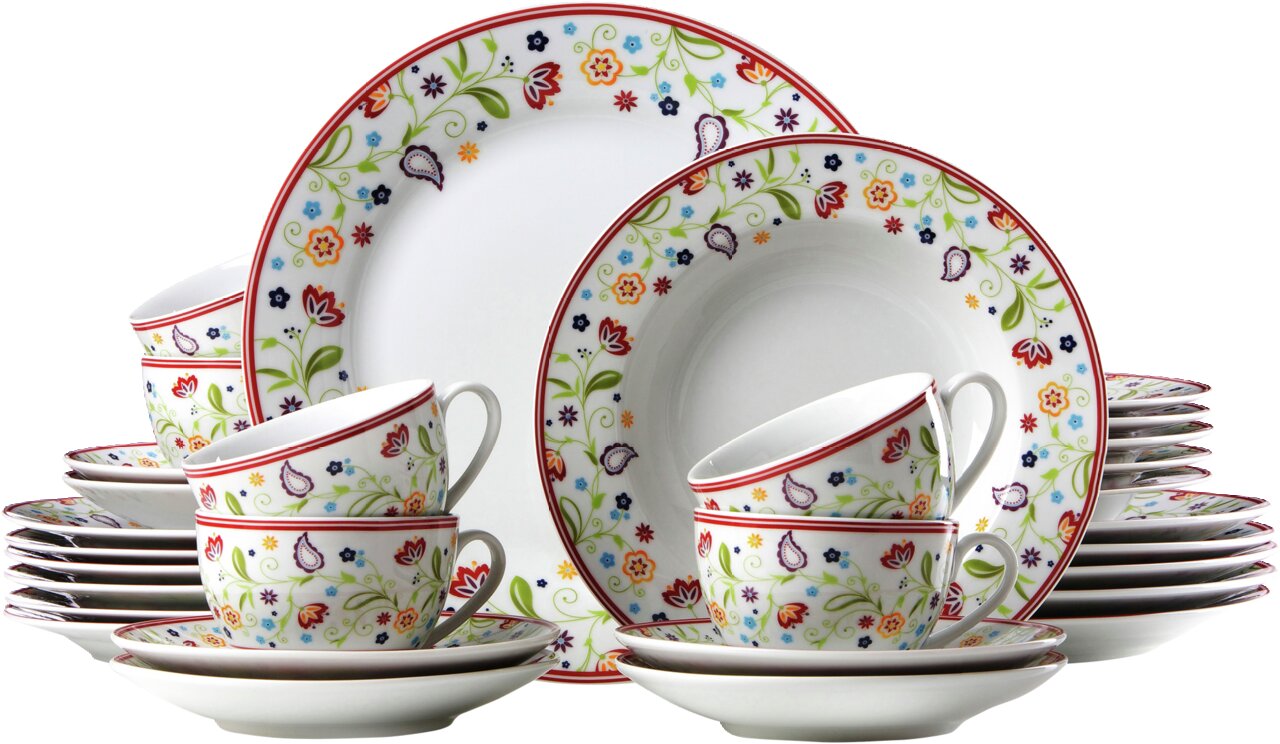 Buntes 30-teiliges Geschirrset 'Shanti' mit floralen Mustern, bestehend aus Tellern, Tassen und Untertassen, seitliche Perspektive.