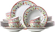 Buntes 30-teiliges Geschirrset 'Shanti' mit floralen Mustern, bestehend aus Tellern, Tassen und Untertassen, seitliche Perspektive.