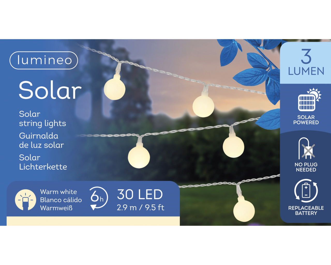 Solarbetriebene Lichterkette mit 30 warmweißen LEDs, 2,9 m lang, in einer abendlichen Gartenumgebung.