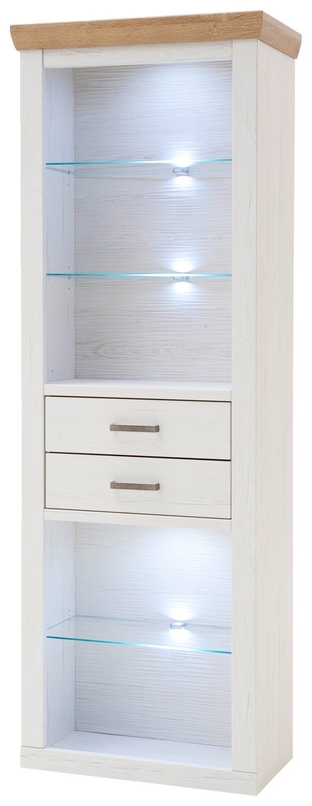 Hoge witte vitrinekast met houten blad, drie glazen planken met ledverlichting en twee lades, vooraanzicht vanuit een licht schuin perspectief