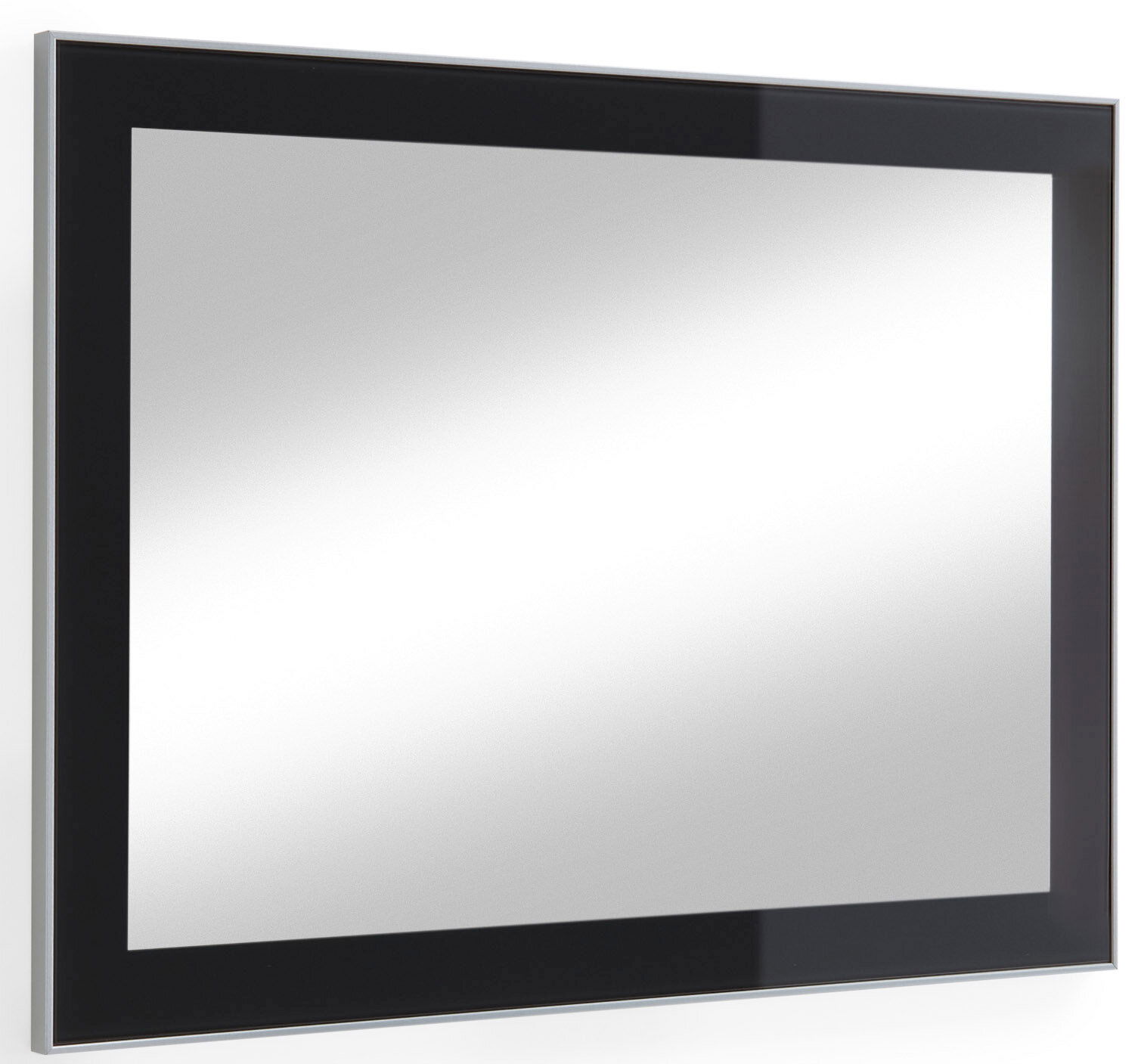 Moderner rechteckiger Spiegel mit schwarzem Rahmen, seitliche Perspektive