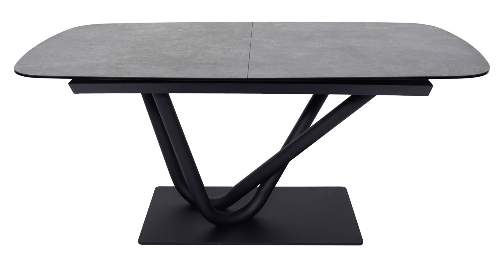 Moderner Esstisch mit grauer Tischplatte und schwarzem, skulpturalem Untergestell, frontal betrachtet.