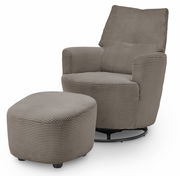 Bequemer, drehbarer Sessel mit passendem Hocker in grauem, geripptem Stoff, seitliche Perspektive