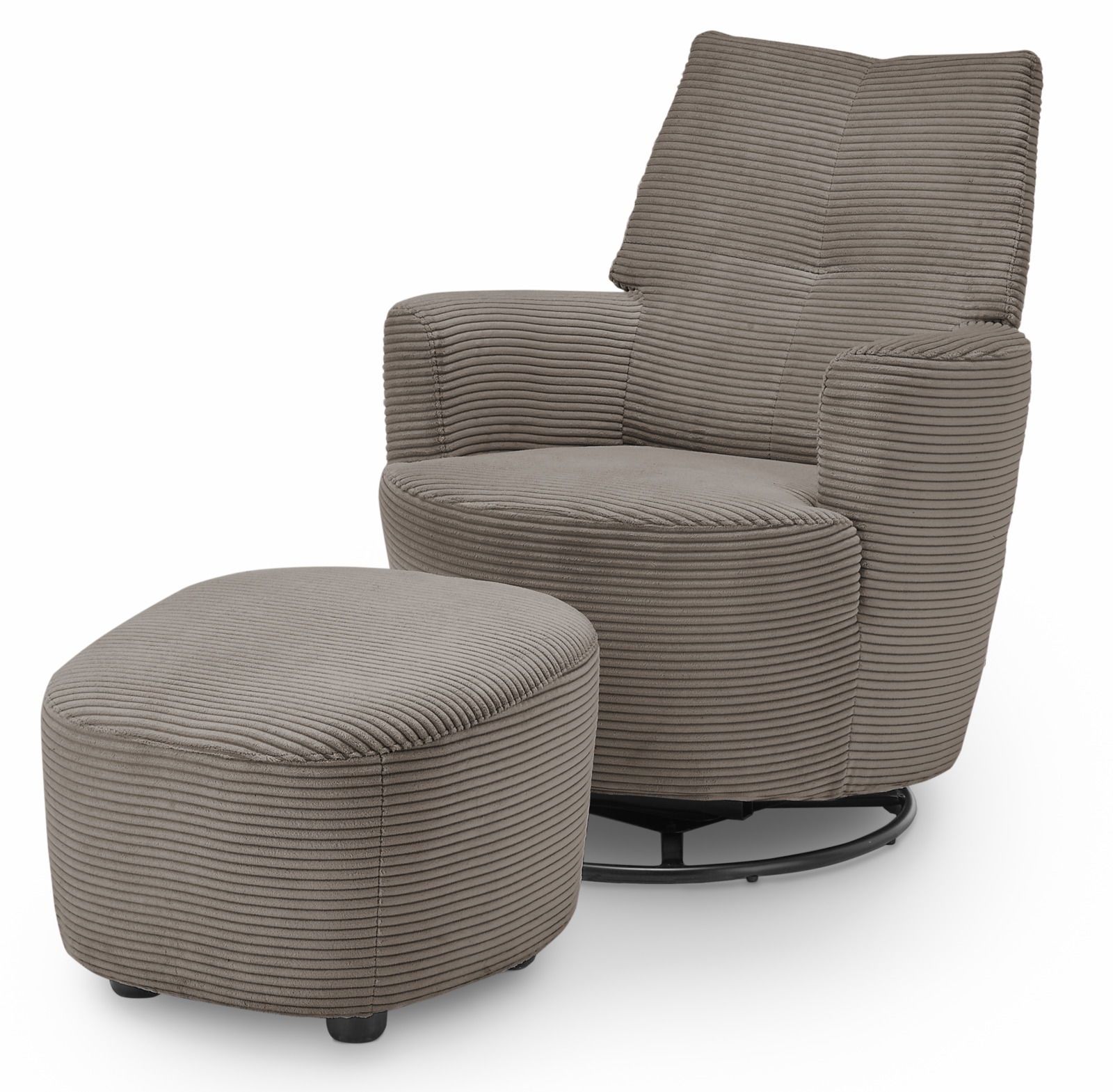 Bequemer, drehbarer Sessel mit passendem Hocker in grauem, geripptem Stoff, seitliche Perspektive