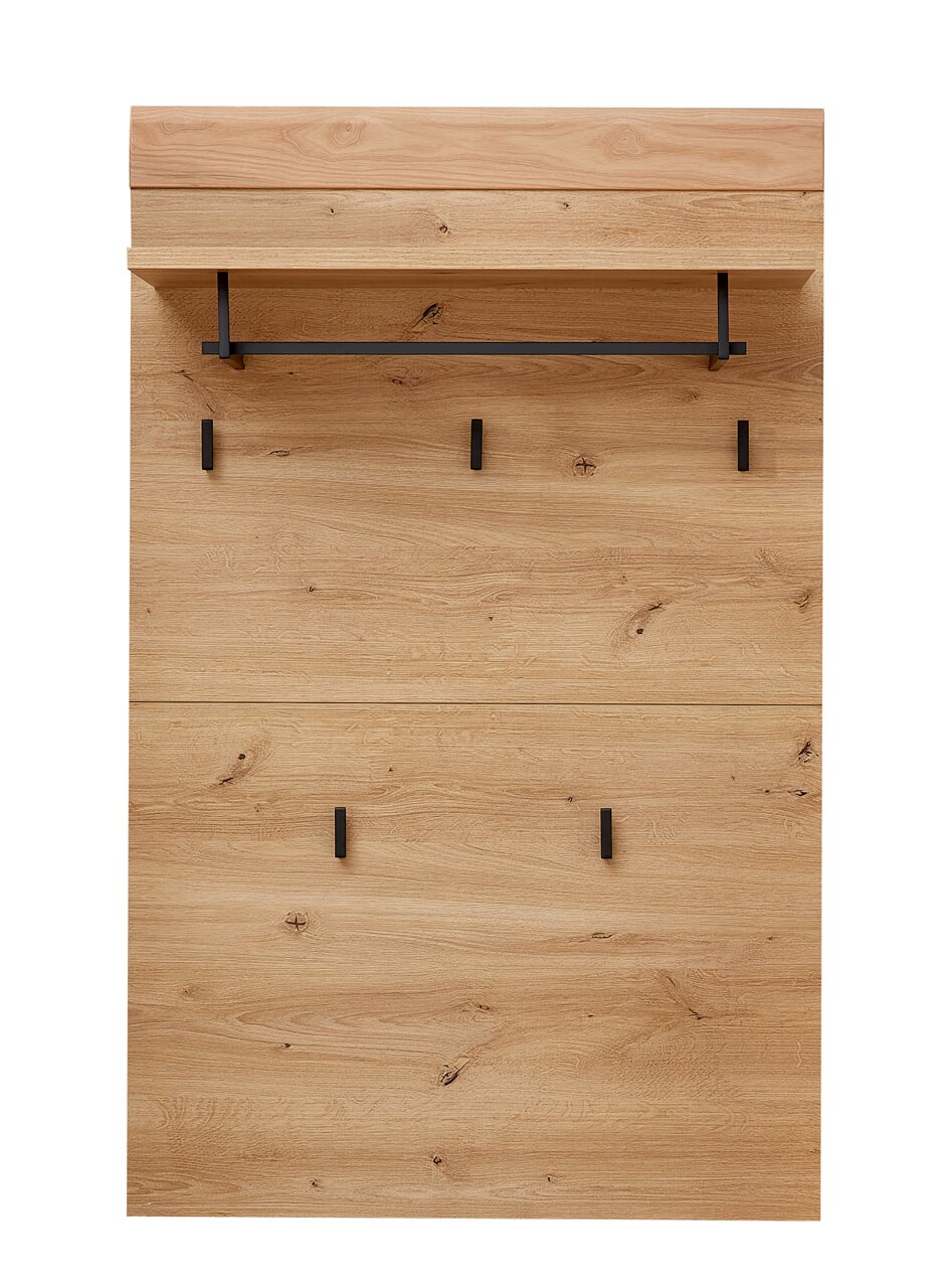 Garderobenpaneel aus Holz mit mehreren schwarzen Haken und einer Ablage, Frontalansicht