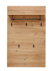 Garderobenpaneel aus Holz mit mehreren schwarzen Haken und einer Ablage, Frontalansicht