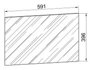 Technische Zeichnung einer rechteckigen Glas-/Spiegelplatte mit Maßangaben 591 mm Breite und 396 mm Höhe, Vorderansicht.