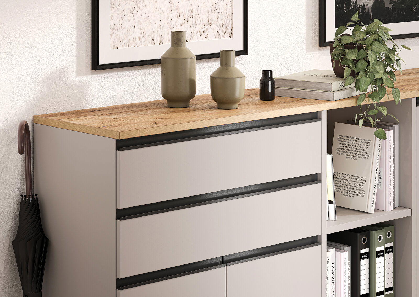 Moderner Aktenschrank mit Holzoberfläche, dekoriert mit Vasen und Pflanzen, seitliche Perspektive