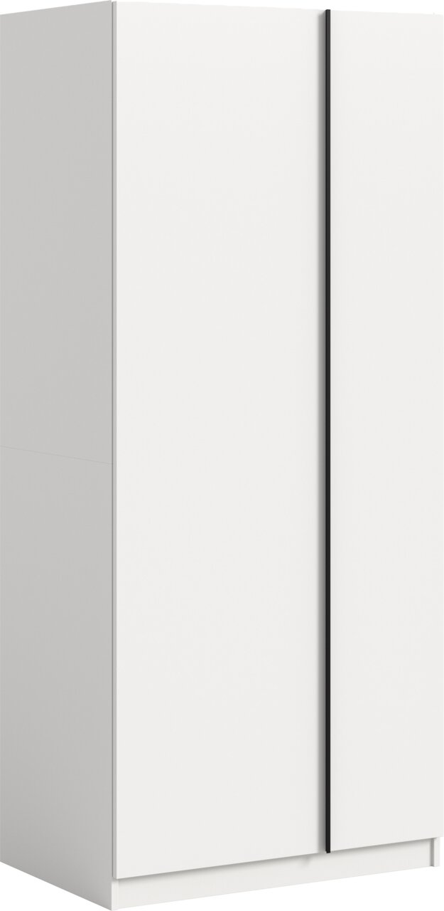 Weißer, moderner Kleiderschrank mit zwei Türen und schwarzer vertikaler Griffleiste, freigestellt, in leichter Front-/Seitenansicht (3/4-Perspektive)