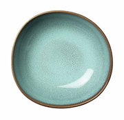 Obenansicht einer türkisfarbenen Müslischale mit braunem Rand und gesprenkeltem Muster.