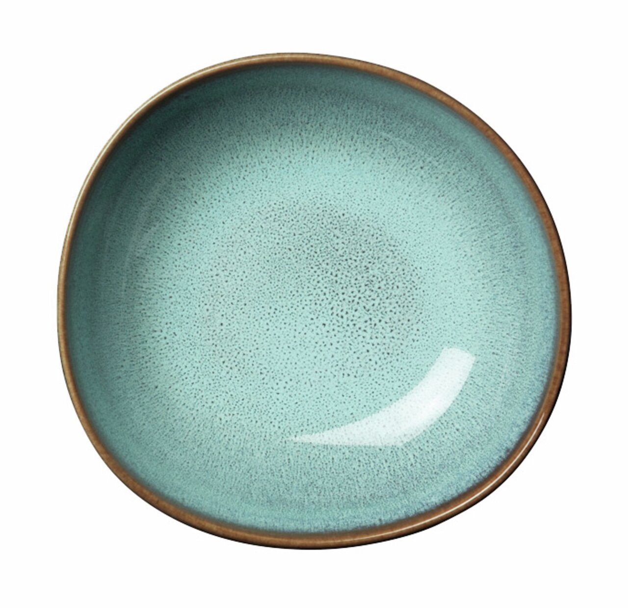 Obenansicht einer türkisfarbenen Müslischale mit braunem Rand und gesprenkeltem Muster.