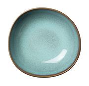 Obenansicht einer türkisfarbenen Müslischale mit braunem Rand und gesprenkeltem Muster.