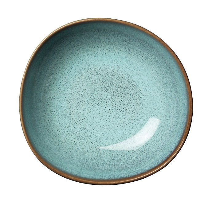 Obenansicht einer türkisfarbenen Müslischale mit braunem Rand und gesprenkeltem Muster.