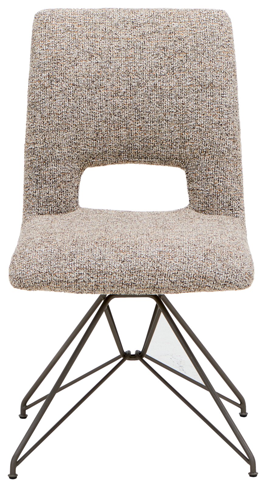 Moderner Stuhl mit gepolsterter Sitzfläche und Rückenlehne in beige-meliertem Stoff, auf einem stabilen Metallgestell, Frontalansicht