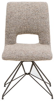 Moderner Stuhl mit gepolsterter Sitzfläche und Rückenlehne in beige-meliertem Stoff, auf einem stabilen Metallgestell, Frontalansicht