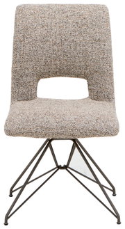 Moderner Stuhl mit gepolsterter Sitzfläche und Rückenlehne in beige-meliertem Stoff, auf einem stabilen Metallgestell, Frontalansicht