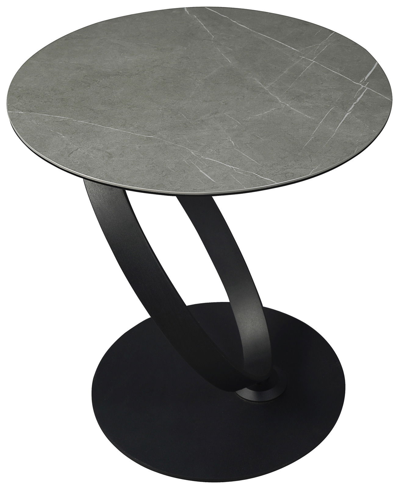 Moderner Beistelltisch mit runder, grauer Tischplatte und schwarzem, geschwungenem Metallgestell, Ansicht von oben.
