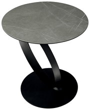 Moderner Beistelltisch mit runder, grauer Tischplatte und schwarzem, geschwungenem Metallgestell, Ansicht von oben.
