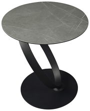 Moderner Beistelltisch mit runder, grauer Tischplatte und schwarzem, geschwungenem Metallgestell, Ansicht von oben.