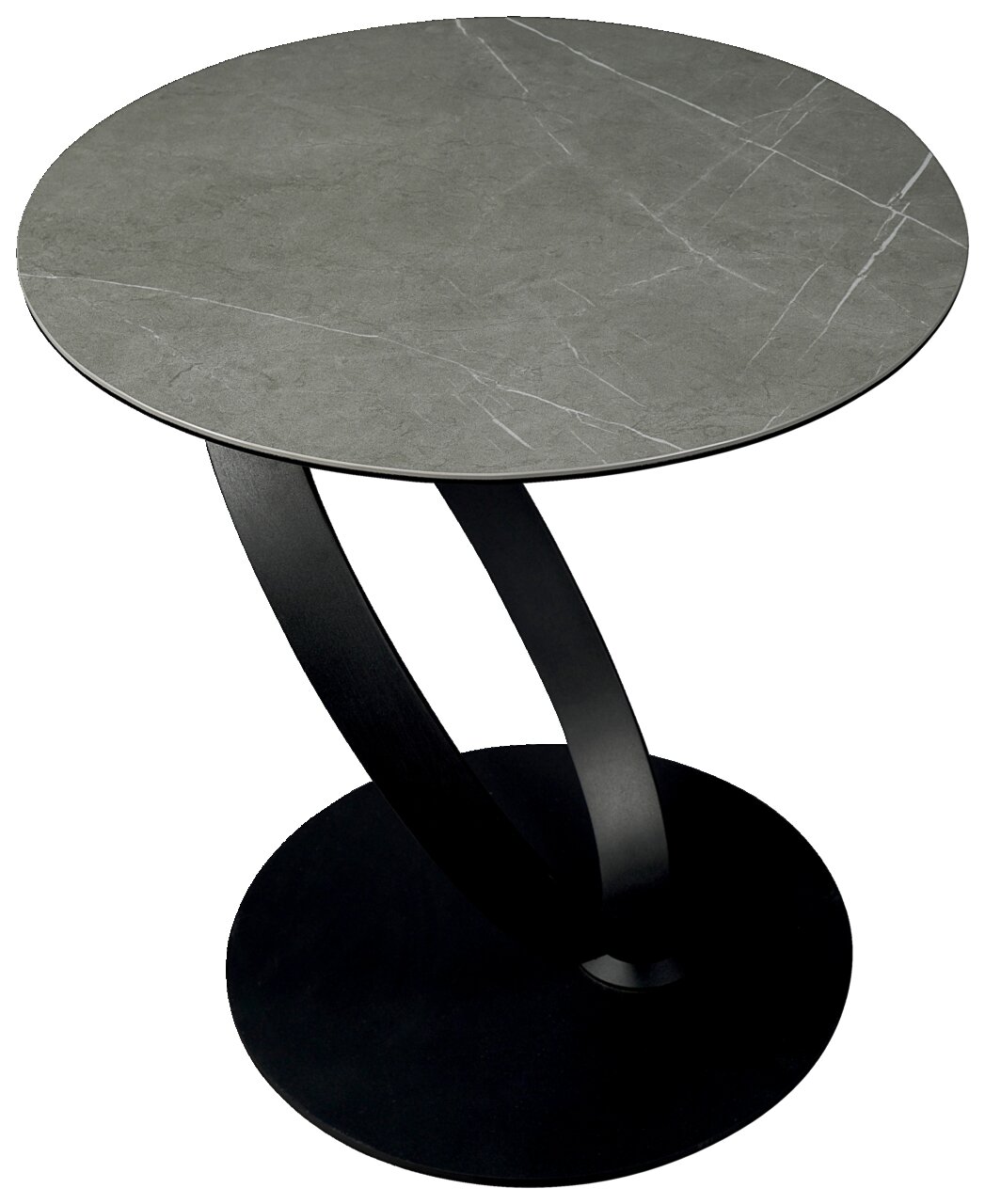 Moderne bijzettafel met een rond, grijs tafelblad en een zwart, gebogen metalen onderstel, gezien van bovenaf.