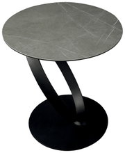 Moderne bijzettafel met een rond, grijs tafelblad en een zwart, gebogen metalen onderstel, gezien van bovenaf.