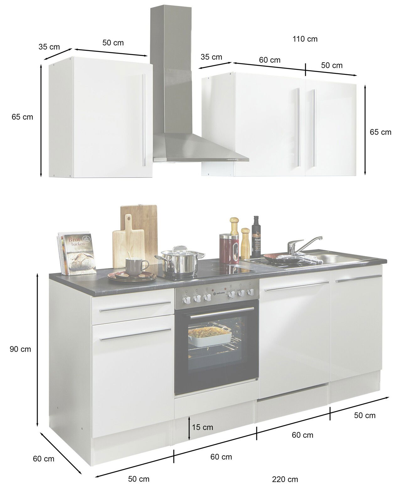 Küchenblock 220 cm mit Herd, Dunstabzugshaube und Spüle, Frontansicht