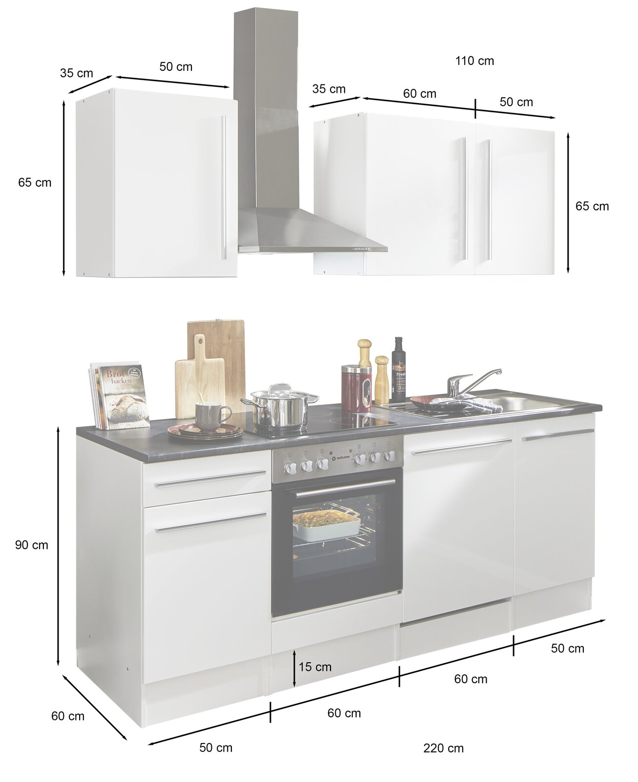 Küchenblock 220 cm mit Herd, Dunstabzugshaube und Spüle, Frontansicht