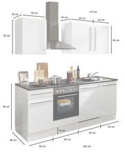 Küchenblock 220 cm mit Herd, Dunstabzugshaube und Spüle, Frontansicht