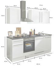 Küchenblock 220 cm mit Herd, Dunstabzugshaube und Spüle, Frontansicht