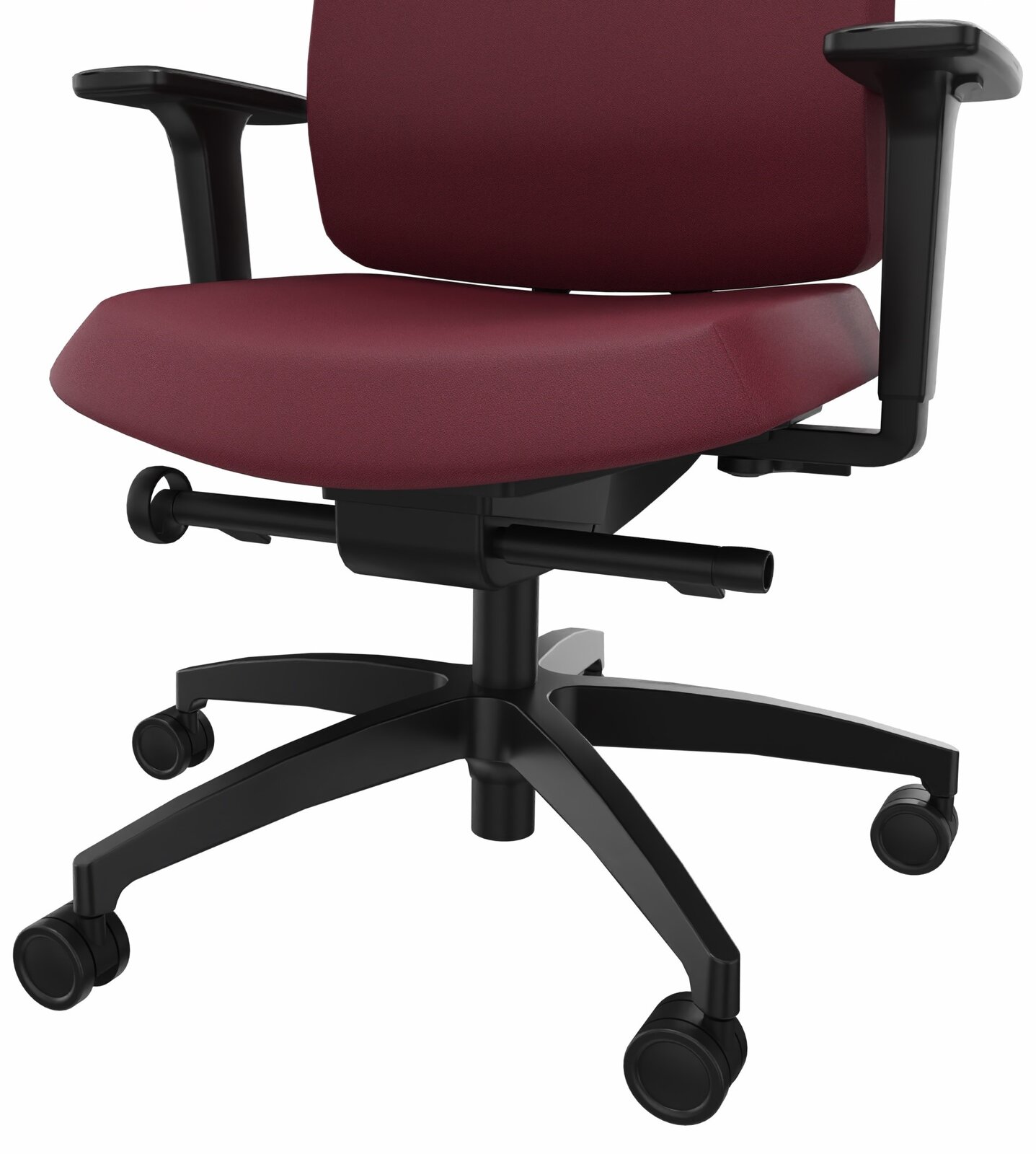 Bürostuhl mit weinrotem Sitz und Rückenlehne, schwarze Armlehnen und Rollen, seitliche Perspektive
