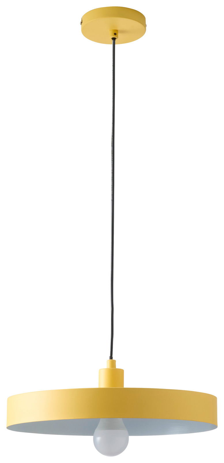 Gelbe Hängeleuchte mit rundem Schirm und sichtbarer Glühbirne, seitliche Perspektive