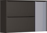 Moderner Hängeschuhschrank in dunklem Design mit zwei Klappen und einer geriffelten Tür, Frontalansicht.