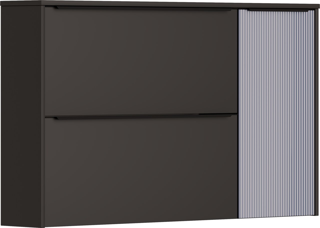Moderner Hängeschuhschrank in dunklem Design mit zwei Klappen und einer geriffelten Tür, Frontalansicht.