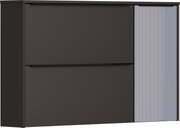Moderner Hängeschuhschrank in dunklem Design mit zwei Klappen und einer geriffelten Tür, Frontalansicht.