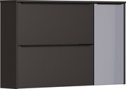 Moderner Hängeschuhschrank in dunklem Design mit zwei Klappen und einer geriffelten Tür, Frontalansicht.