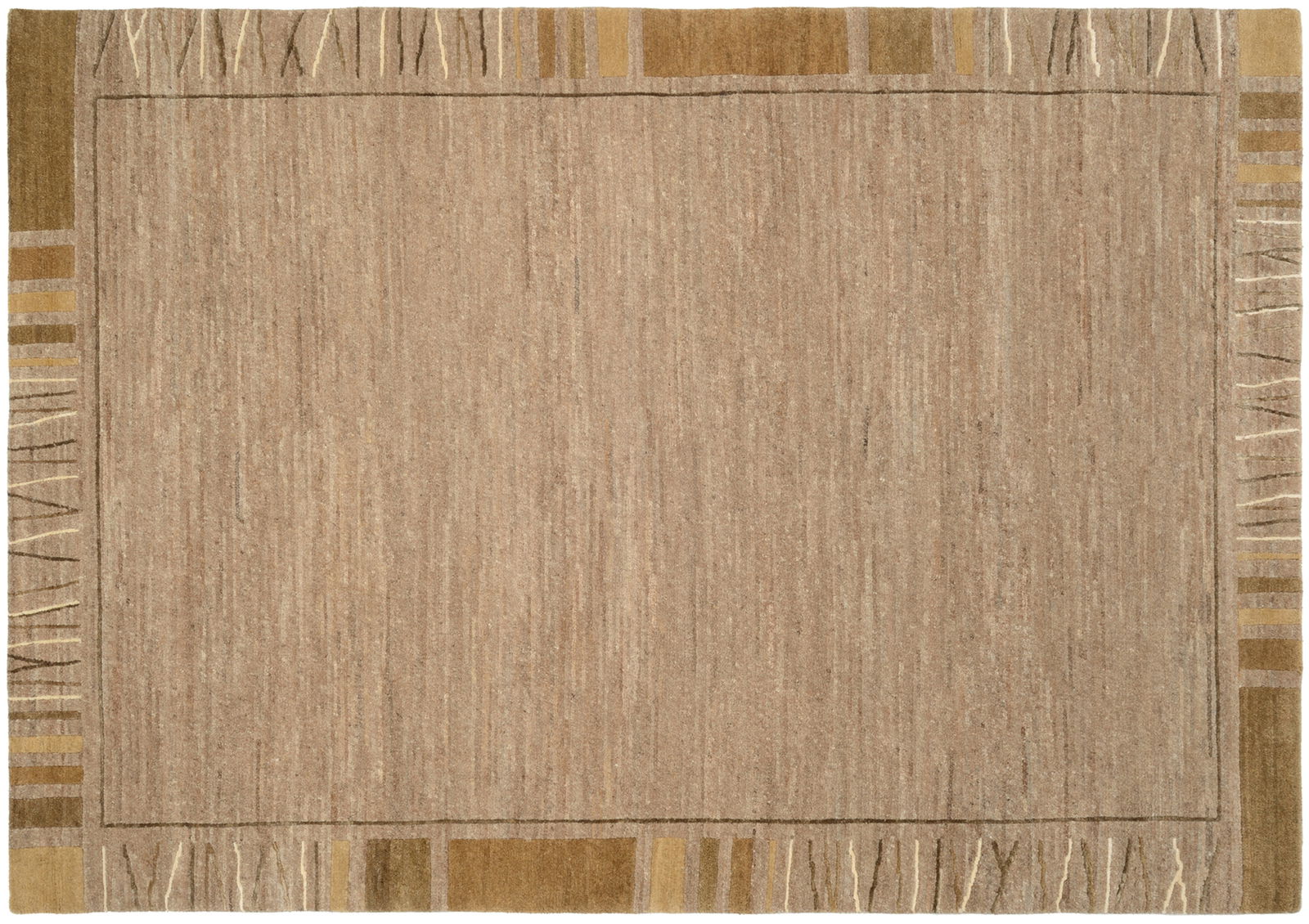 Beige Wollteppich mit dezenten Streifenmustern und Fransen, Draufsicht