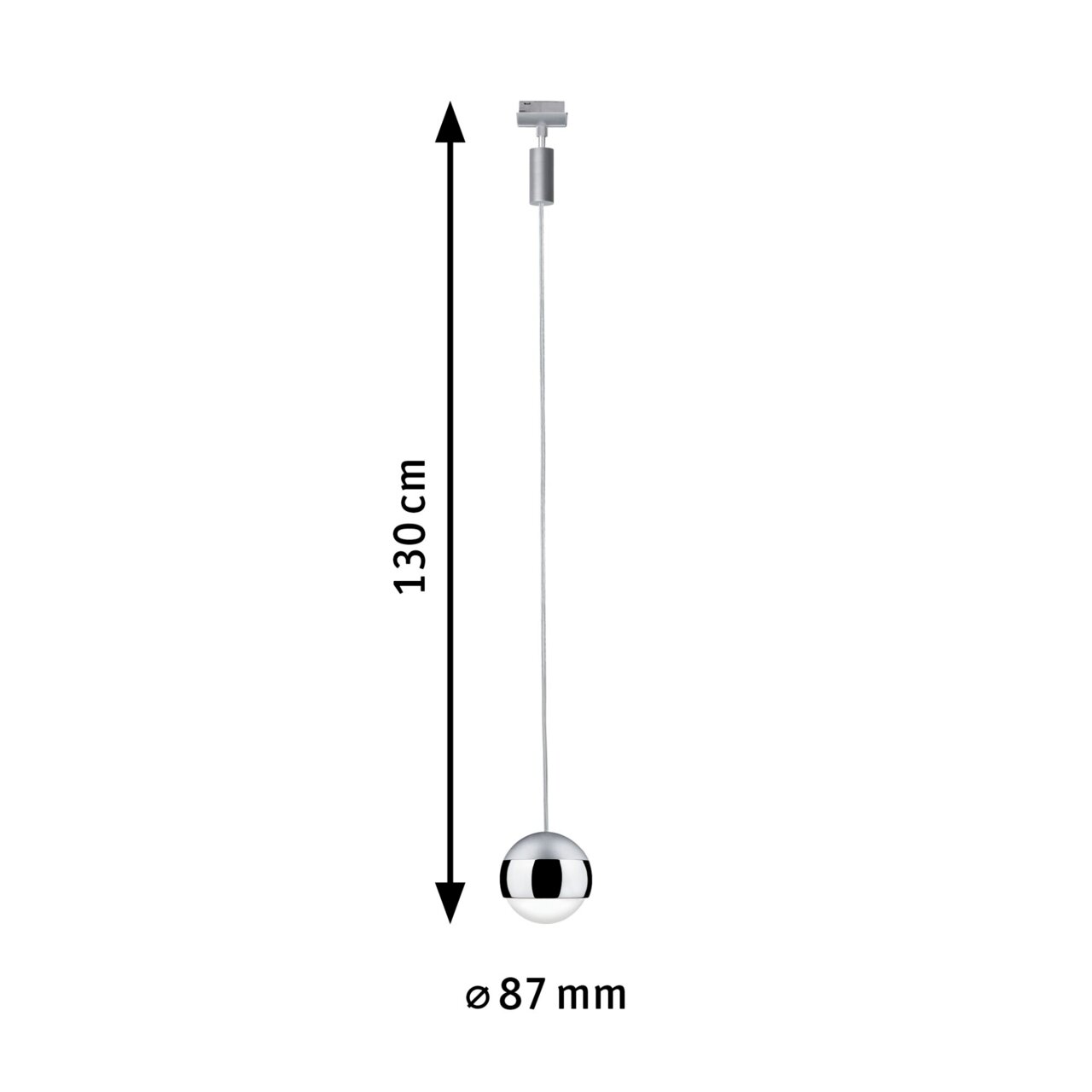 Schienenpendel Capsule URAIL in Seitenansicht mit einer Länge von 130 cm und einem Durchmesser von 87 mm.
