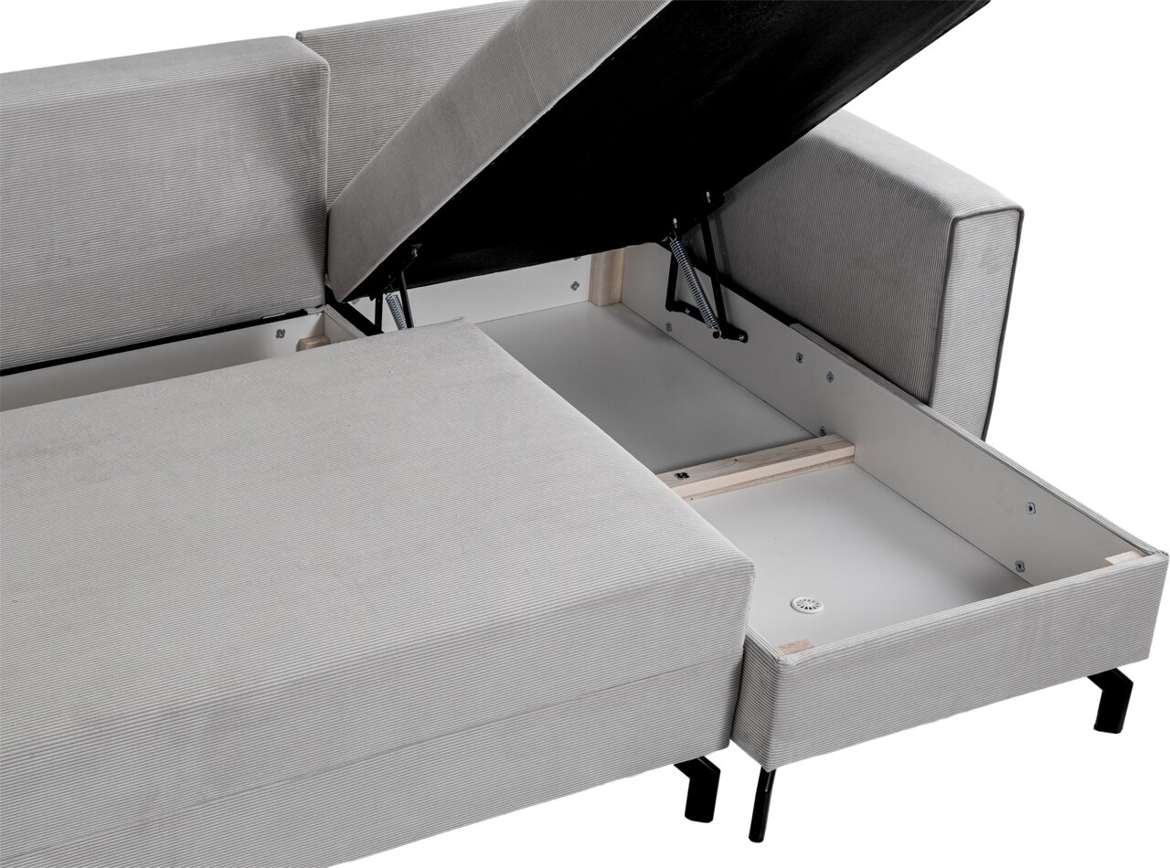 Graues Schlafsofa in L-Form mit geöffneter Stauraumfunktion, Perspektive von oben.