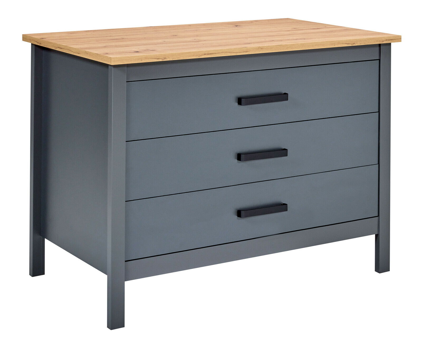 Kücheninsel mit drei Schubladen, grauer Korpus und Holzplatte, seitliche Perspektive