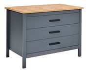 Kücheninsel mit drei Schubladen, grauer Korpus und Holzplatte, seitliche Perspektive