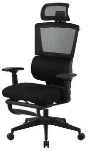 Schwarzer Chefsessel mit Netzrückenlehne und Kopfstütze, seitliche Perspektive