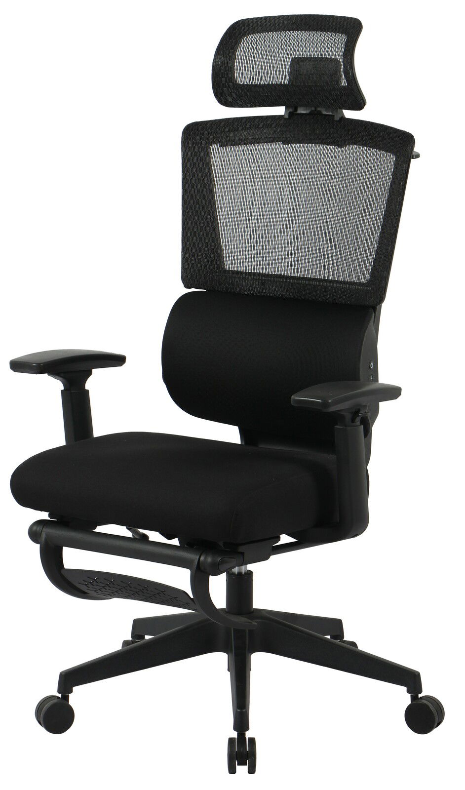 Schwarzer Chefsessel mit Netzrückenlehne und Kopfstütze, seitliche Perspektive