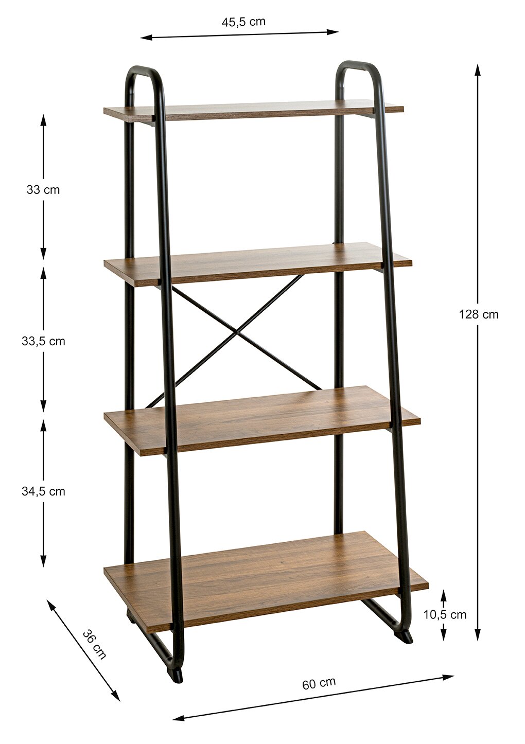 Schmales Leiterregal mit vier Holzoptik-Ablagen und schwarzem Metallrahmen, Produktansicht schräg von vorne, mit Maßangaben (H 128 cm, B 60 cm, T 36 cm).