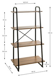 Schmales Leiterregal mit vier Holzoptik-Ablagen und schwarzem Metallrahmen, Produktansicht schräg von vorne, mit Maßangaben (H 128 cm, B 60 cm, T 36 cm).