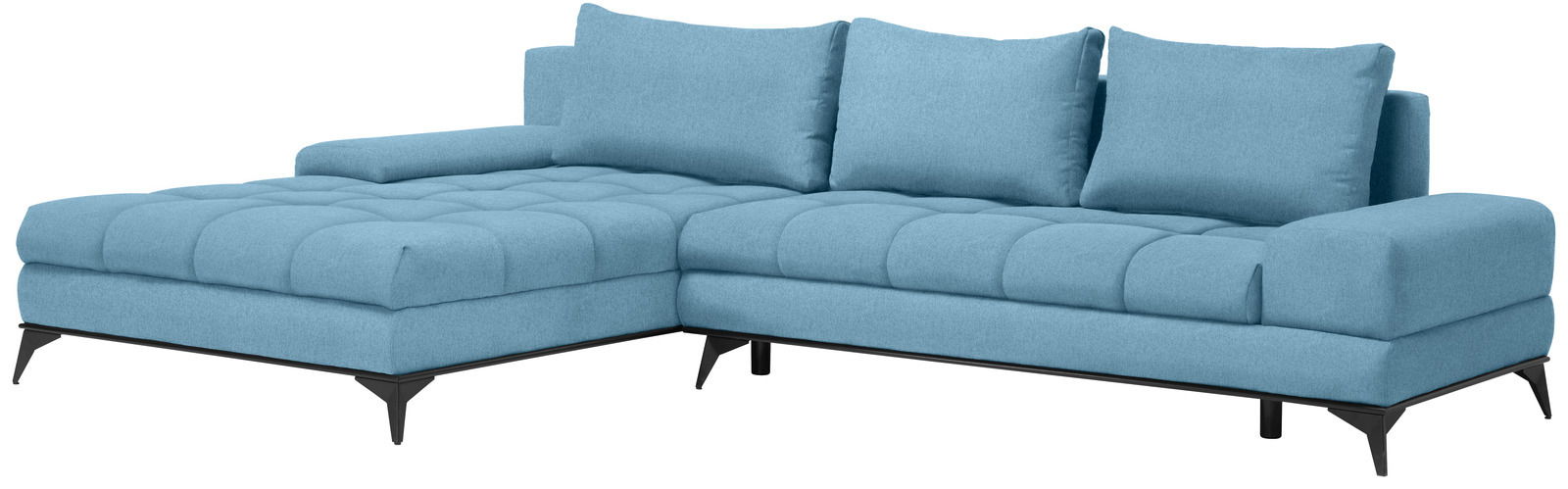 Blaue Ecksofa mit Ottomane, moderne Metallfüße, Perspektive von vorne links