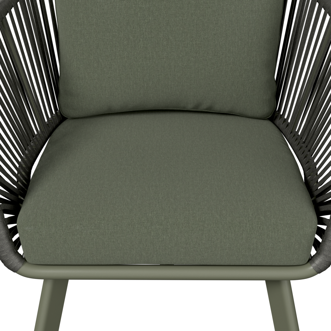 Nahaufnahme eines Loungesessels mit grünem Polster und schwarzem Rahmen, Vorderansicht.