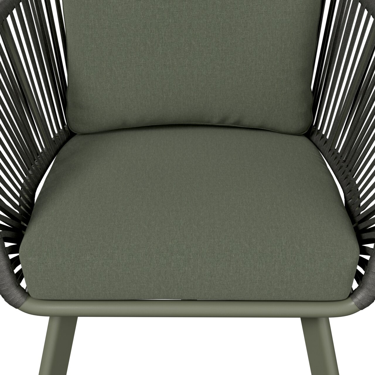 Nahaufnahme eines Loungesessels mit grünem Polster und schwarzem Rahmen, Vorderansicht.