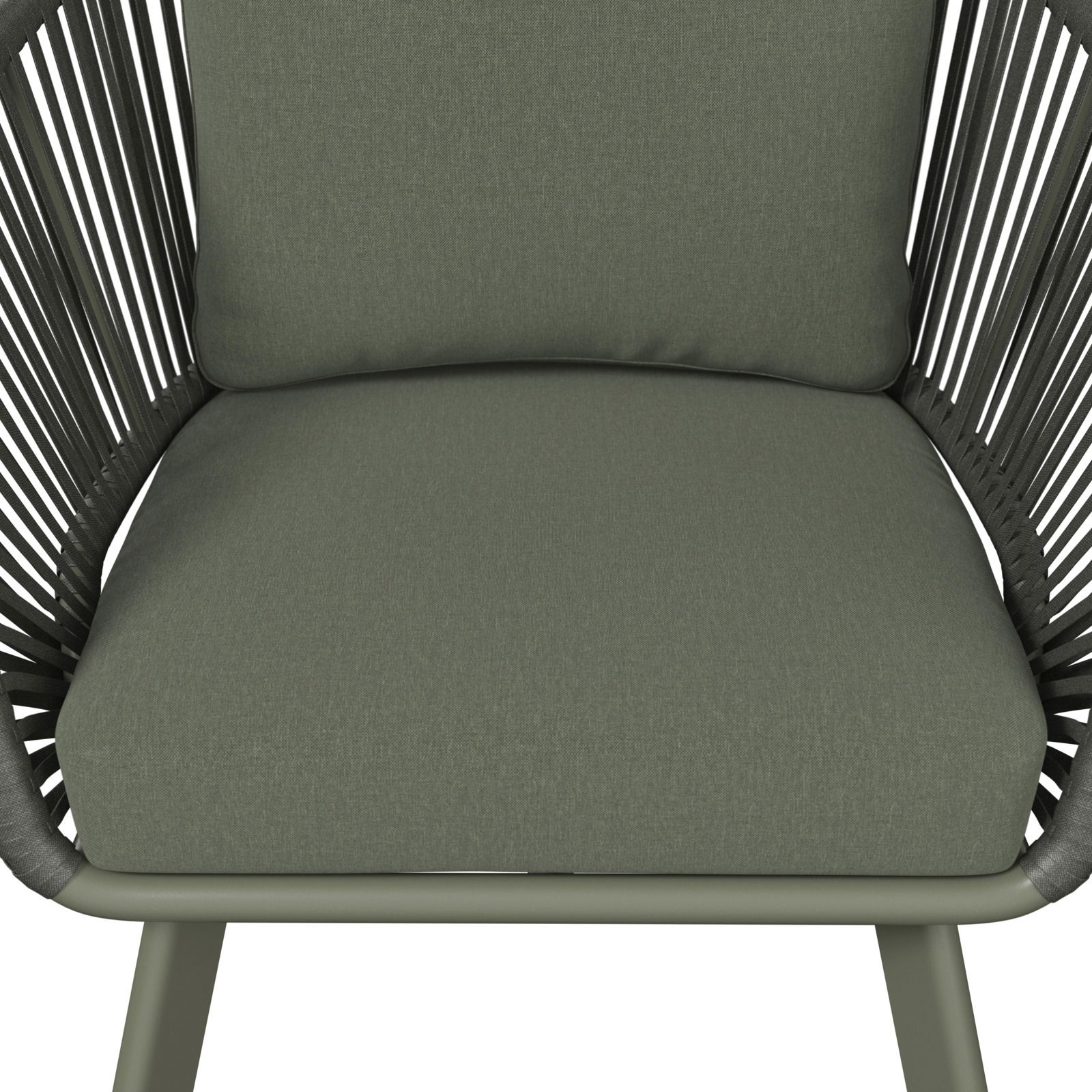 Nahaufnahme eines Loungesessels mit grünem Polster und schwarzem Rahmen, Vorderansicht.